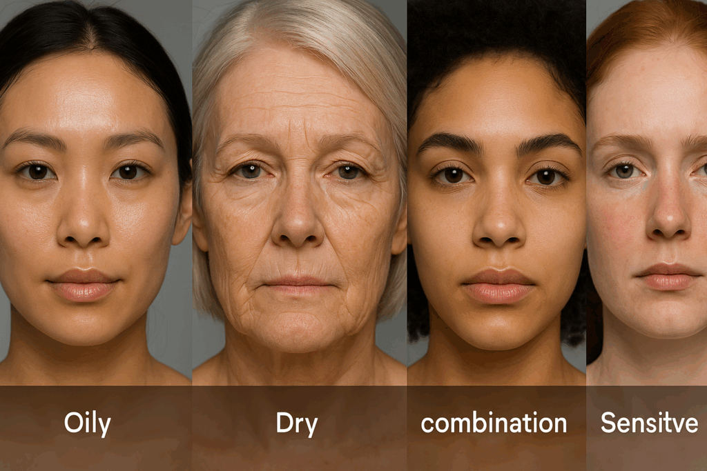 "Diverse facial close-ups representing different skin types—normal, oily, dry, combination, and sensitive—highlighting the essentials of a skin care routine maker