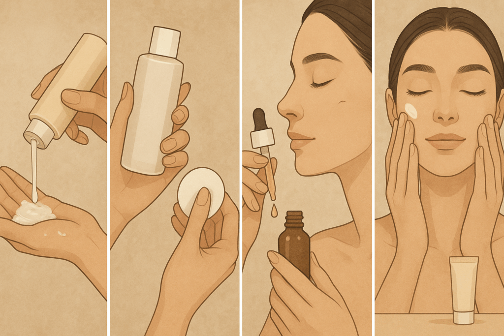 Step-by-step skin care routine maker visual showing cleansing, toning, serum application, moisturizing, and sun protection with elegant skincare bottles and smooth application gestures, emphasizing luxury and self-care
