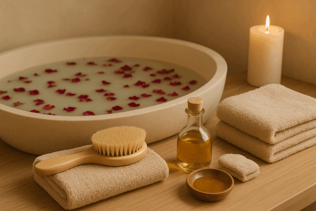 Holistic skin care routine maker setup with dry brushing, oil massage, detoxifying rose petal bath, and soft towels in a serene spa ambiance