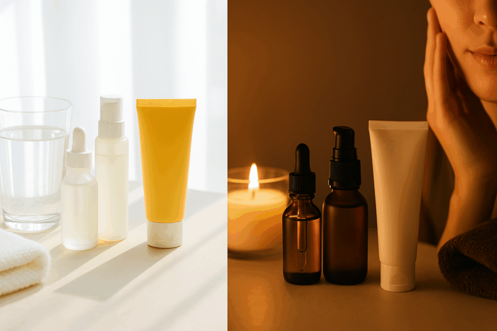 Side-by-side skin care routine maker setup showcasing a bright, hydrating morning ritual and a calming, restorative evening ritual with essential products