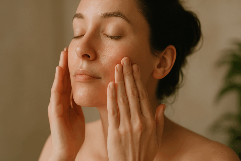 Hands gently massaging facial serum into skin with slow, intentional movements, illustrating a mindful skin care routine maker in a tranquil setting
