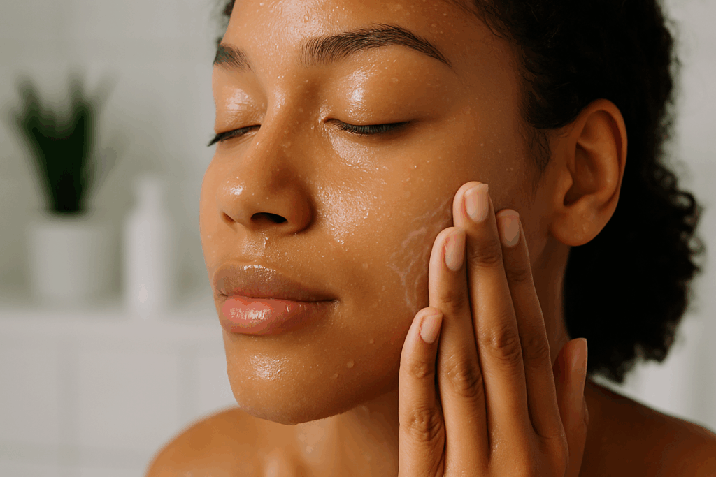 Close-up of a woman applying a hydrating skincare product during her daily routine, showcasing the physical benefits of a skincare routine with healthy, glowing skin and water droplets reflecting moisture in a minimalist bathroom setting