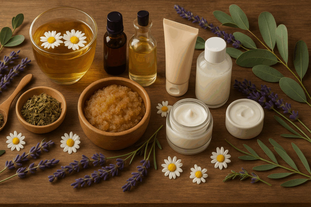 Holistic body care items showcasing the benefits of a skincare routine with natural products like herbal teas, essential oils, body scrubs, and creams arranged on a wooden surface with lavender, chamomile, and eucalyptus leaves