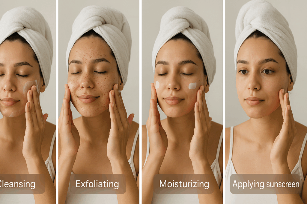 Step-by-step skincare routine demonstrating the benefits of a skincare routine, including cleansing, exfoliating, moisturizing, and applying sunscreen in a minimal bathroom setting
