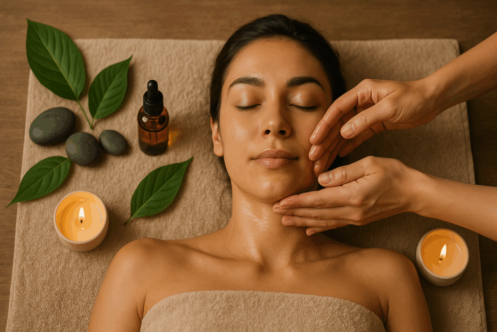 A woman enjoying the benefits of a skincare routine with a relaxing facial massage, surrounded by natural elements like smooth stones, green leaves, essential oil, and candles in a serene wellness setting