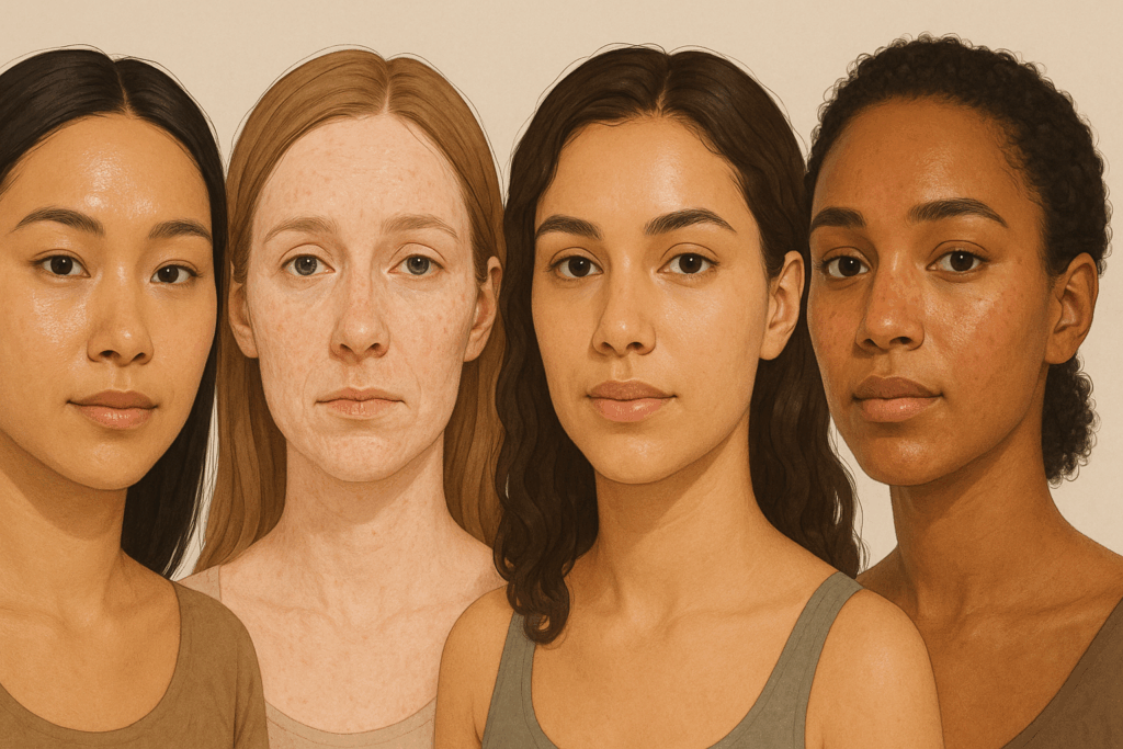 Diverse faces representing oily, dry, combination, and sensitive skin types in a minimalist setting, showcasing before and after skincare differences through varying skin textures and hydration levels