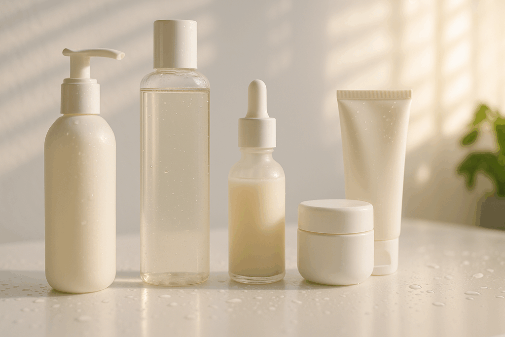 Before and after skincare routine displayed with cleanser, toner, serum, moisturizer, and sunscreen on a white counter with sunlight and water droplets