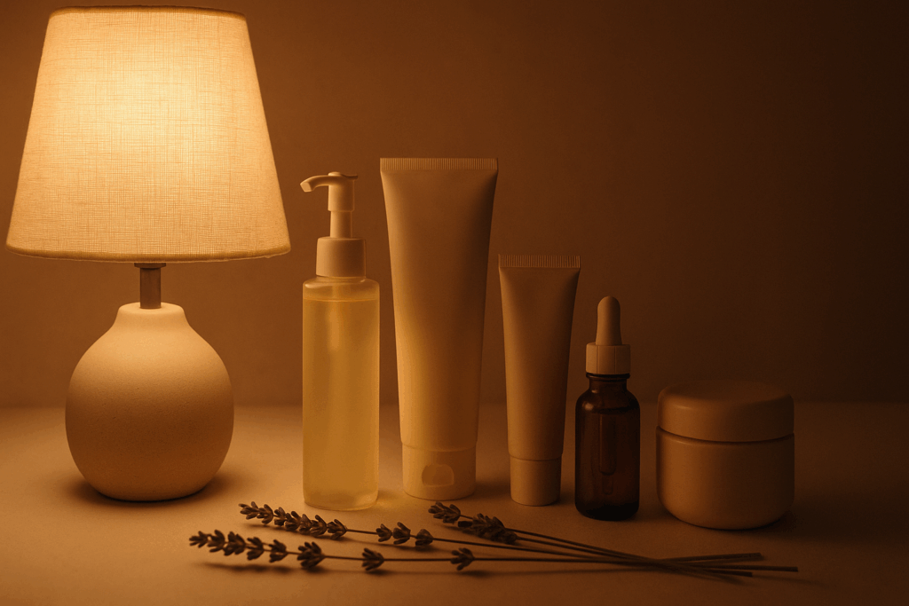 Evening skincare setup before and after skincare routine with oil-based cleanser, water-based cleanser, exfoliant, retinoid serum, and moisturizer, arranged beside a softly glowing lamp and lavender sprigs for relaxation