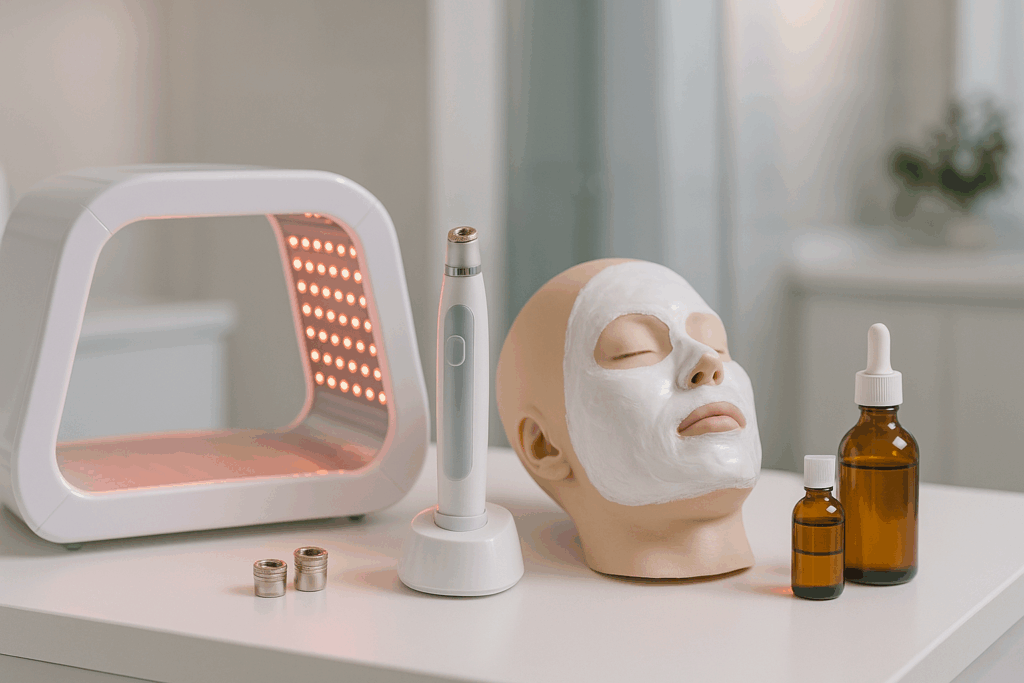 LED light therapy device, microdermabrasion tools, facial masks, and chemical peel solutions displayed in a modern spa setting, highlighting advanced before and after skincare treatments