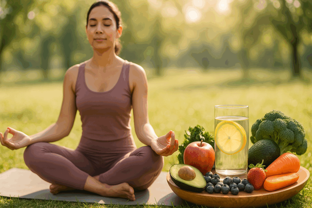 Before and after skincare transformation: A serene outdoor yoga session with antioxidant-rich fruits, vegetables, and lemon water symbolizing holistic skincare practices