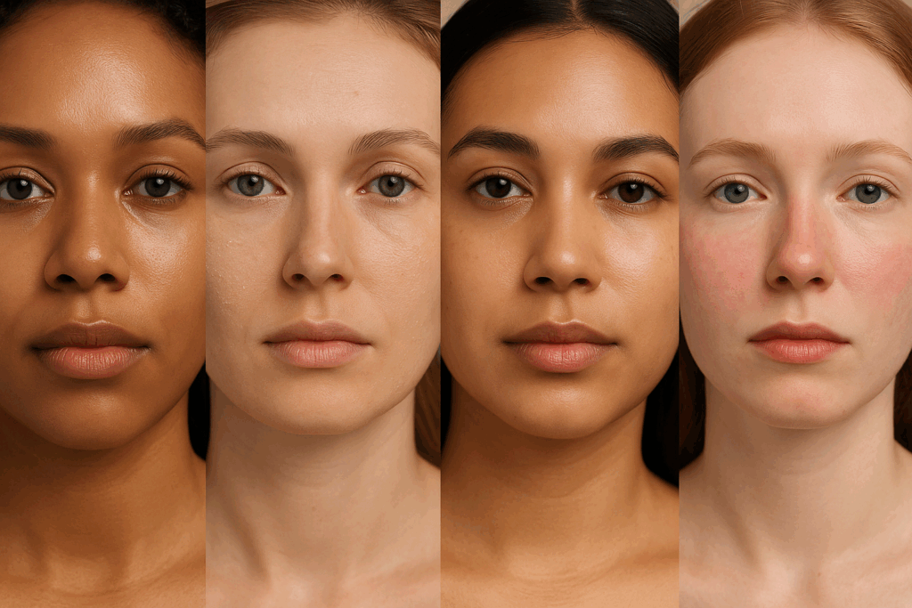 Comparative visual of four distinct skin types—oily, dry, combination, and sensitive—highlighting unique skin characteristics like shine, flakiness, and redness, representing diversity in custom skin care routine