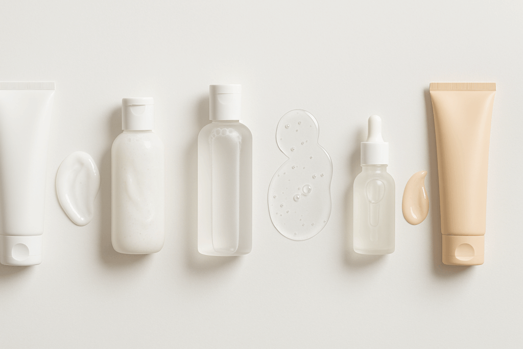 Step-by-step layout of a custom skin care routine, showcasing products for cleansing, exfoliating, toning, moisturizing, and sun protection in a minimalist, organized design