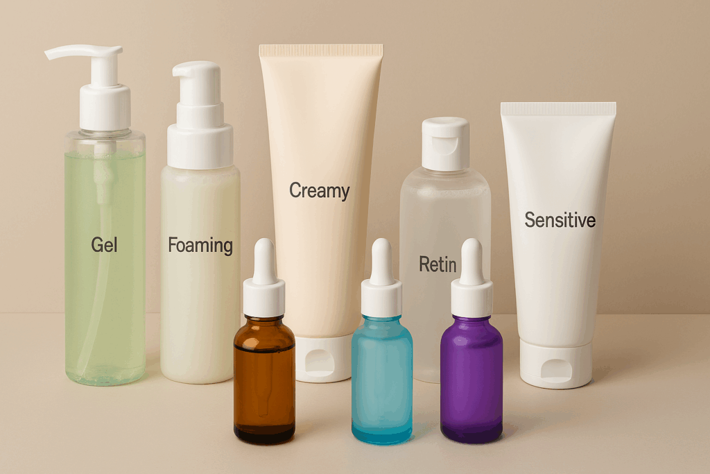 Custom skin care routine products categorized by skin type, including gel and foaming cleansers for oily skin, creamy cleanser for dry skin, and gentle options for sensitive skin, with colorful serum bottles symbolizing Vitamin C, Hyaluronic Acid, and Retinol