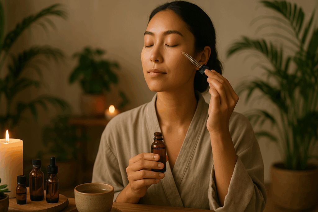 Holistic custom skin care routine with a woman applying facial serum in a serene setting surrounded by candles, essential oils, and green plants, emphasizing mindfulness and wellness.