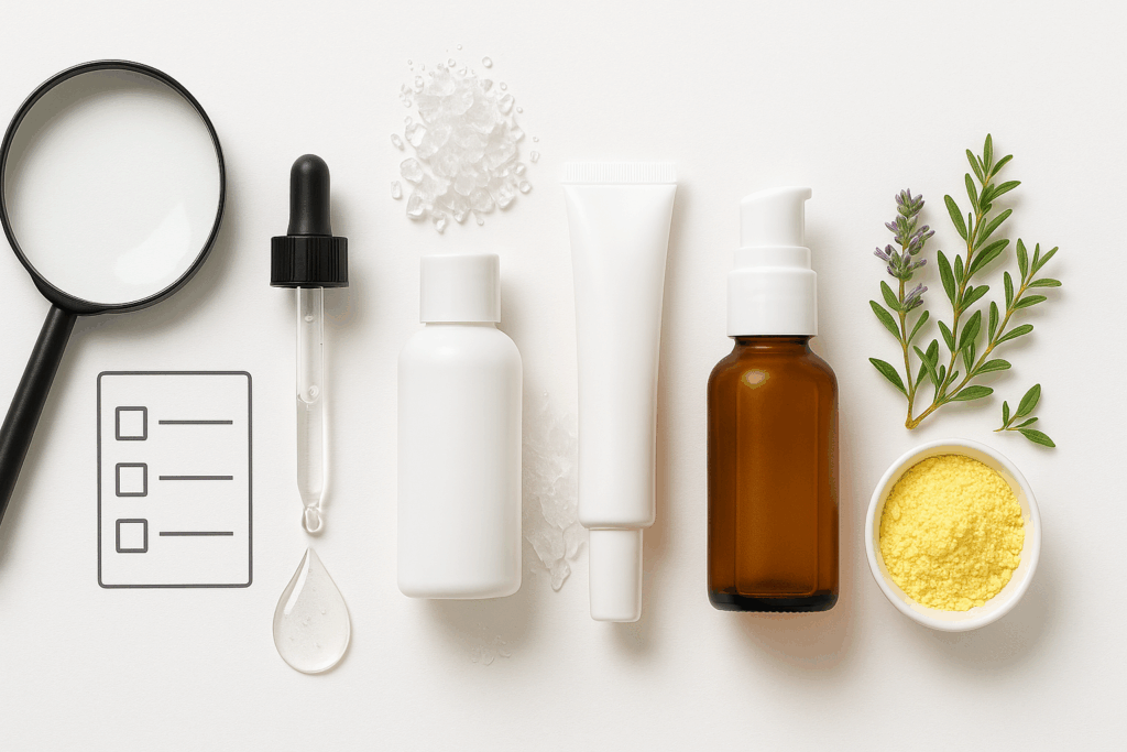 Flat lay of acne treatment for sensitive skin with skincare bottles, niacinamide dropper, azelaic acid crystals, sulfur powder, and botanical herbs, alongside a magnifying glass and checklist.