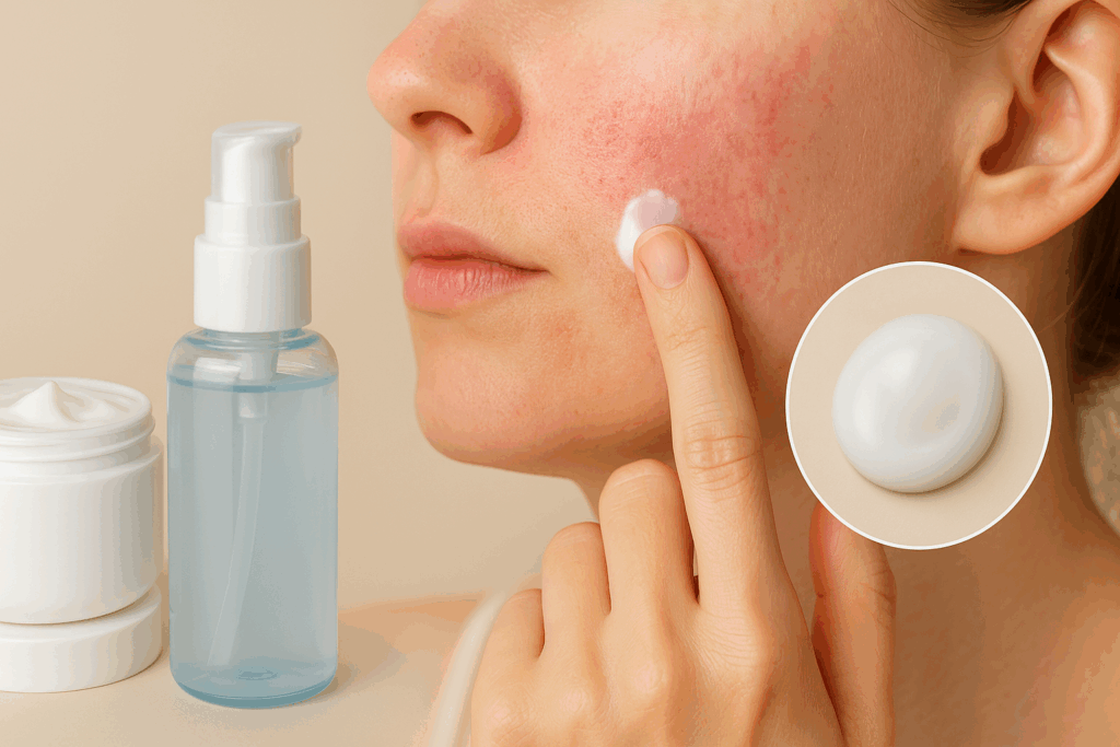 Hand applying acne treatment for sensitive skin to red, irritated cheek with ceramide cream and hyaluronic acid bottle nearby