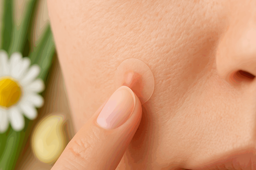 Hydrocolloid patch gently applied to a red pimple on calm skin, showing an effective acne treatment for sensitive skin with soothing chamomile and aloe in the background.