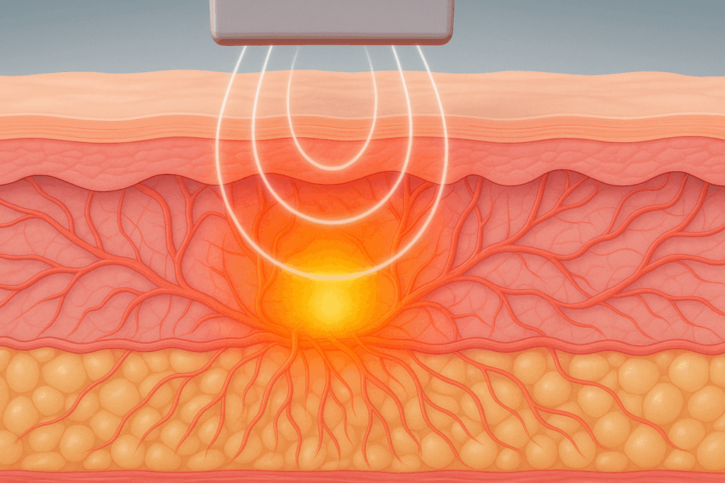 Medical illustration showing how heat from radio frequency waves penetrates skin layers to stimulate collagen for midsection and facial tightening