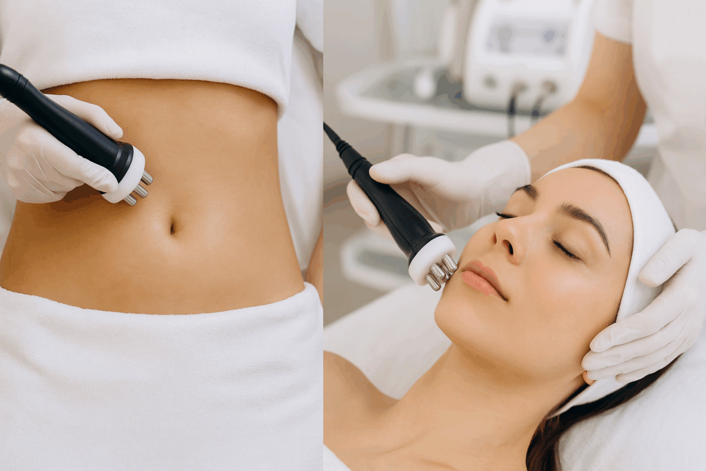 Radio frequency treatment on woman's abdomen and face in clinic, showing what does radio frequency do for midsection and facial tightening