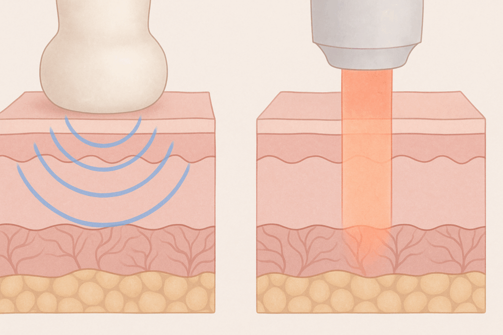 Side-by-side illustration comparing how radio frequency and laser treatments affect skin layers for midsection and facial tightening, showing what does radio frequency do for midsection and facial tightening by targeting deeper dermal tissues