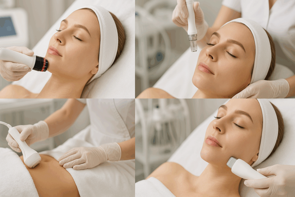 Collage showing aesthetic clinic procedures demonstrating what does radio frequency do for midsection and facial tightening with RF, microneedling, and ultrasound treatments