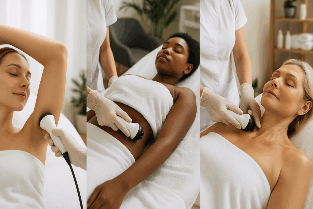 Three diverse clients receive RF treatments on arms, thighs, and chest in a spa setting, illustrating what does radio frequency do for midsection and facial tightening.