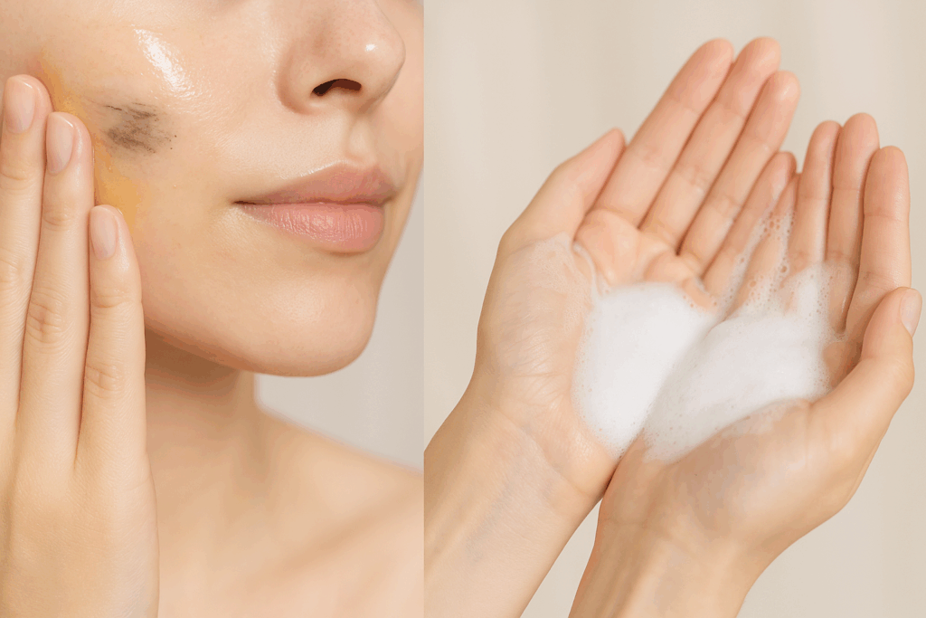 Hands demonstrating the double cleansing method for a model skin routine—oil-based cleanser removing makeup and water-based foam cleanser purifying the skin