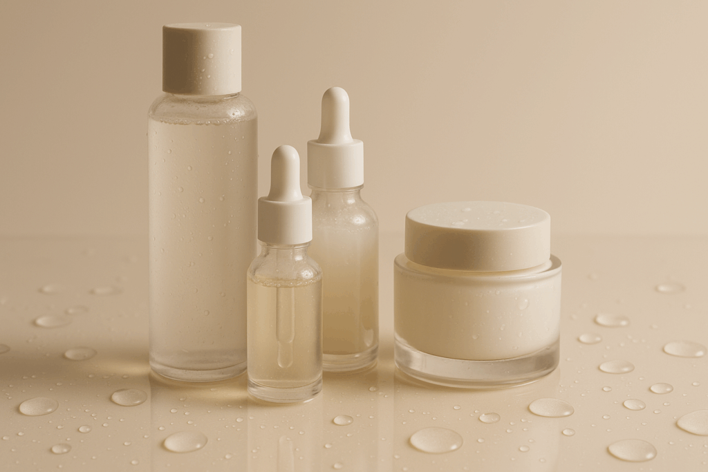 Elegant arrangement of Korean skincare products including essences, serums, and moisturizers, visually layered to represent the steps of a model skin routine. Soft water droplets and reflections emphasize deep hydration and nourishment