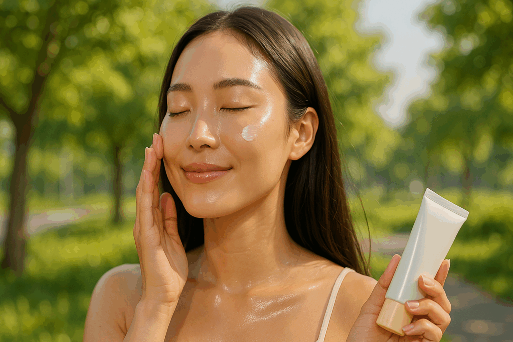Model applying lightweight Korean sunscreen outdoors in gentle sunlight as part of a model skin routine, showcasing radiant, smooth skin with effective UV protection in a fresh morning setting.