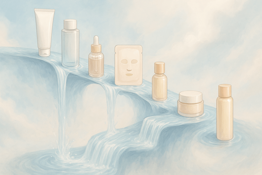 Flowing 10-step model skin routine illustrated as a waterfall of Korean skincare products, symbolizing seamless hydration and holistic beauty