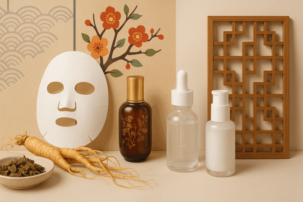 Traditional Korean skincare ingredients like ginseng and sheet masks beside Western clinical serums, illustrating the cultural origins of the 12 step skin care routine.