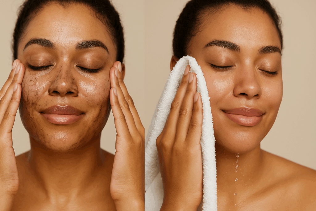 Woman performing first step of 12 step skin care routine, oil cleansing makeup and rinsing with water for glowing skin