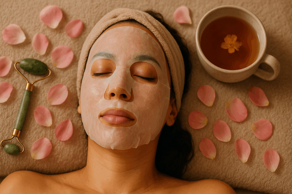 Woman relaxing with a hydrating sheet mask, jade roller, and herbal tea—part of a calming 12 step skin care routine.
