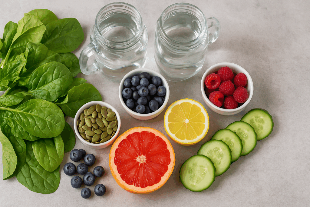 Flat lay of spinach, berries, citrus fruits, pumpkin seeds, cucumber slices, and jars of water representing a diet that supports the 12 step skin care routine.
