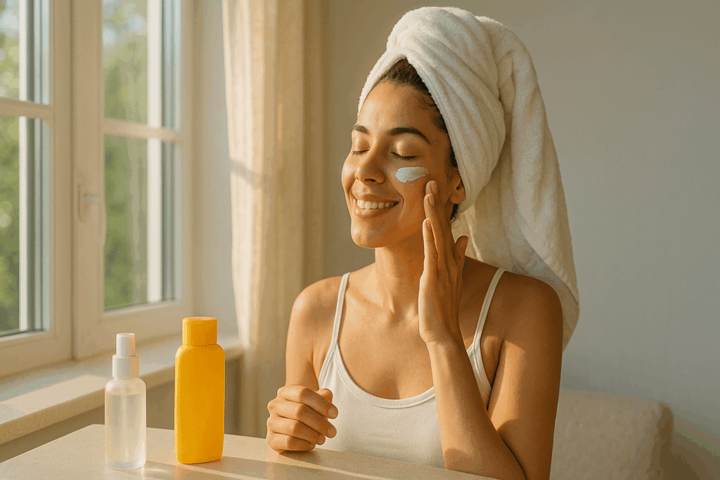 Woman applying sunscreen by a window during morning light as part of her 12 step skin care routine.