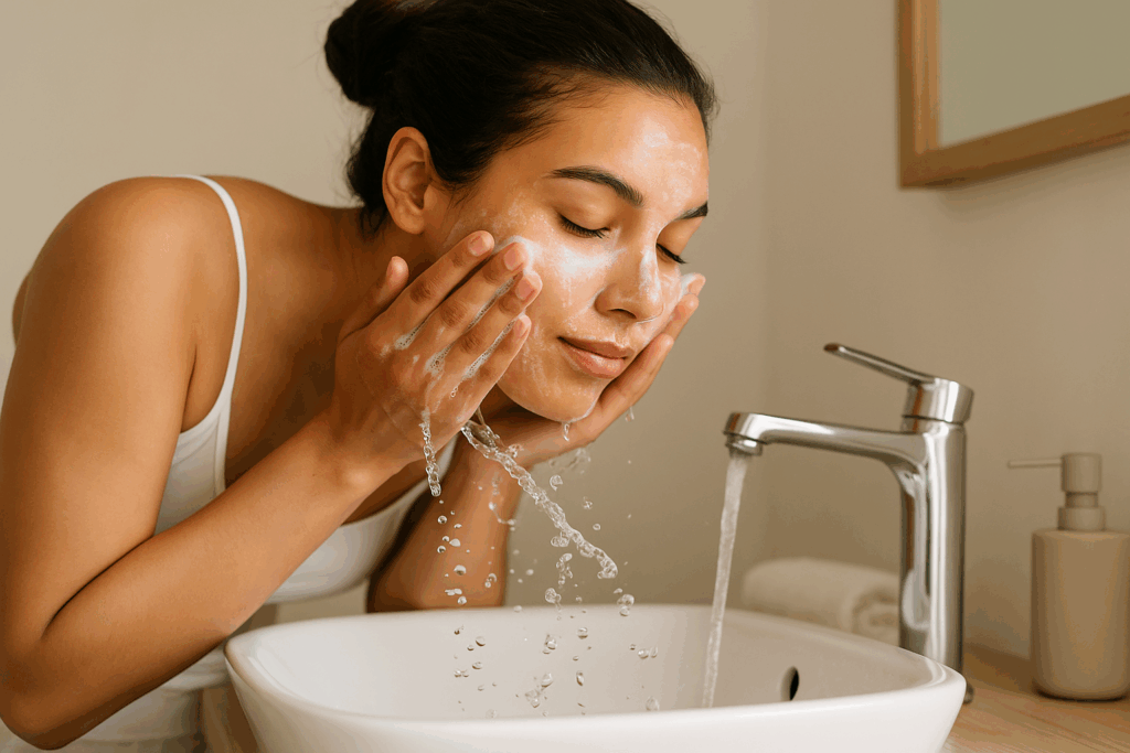 Woman practicing a gentle skin care routine for hormonal acne by cleansing her face with a sulfate-free cleanser, water splashing in a minimalistic bathroom setting.