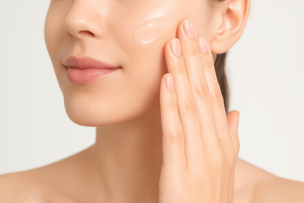 Lightweight gel-based moisturizer being gently applied to clear, hydrated skin as part of a skin care routine for hormonal acne, showcasing smooth texture and non-greasy hydration