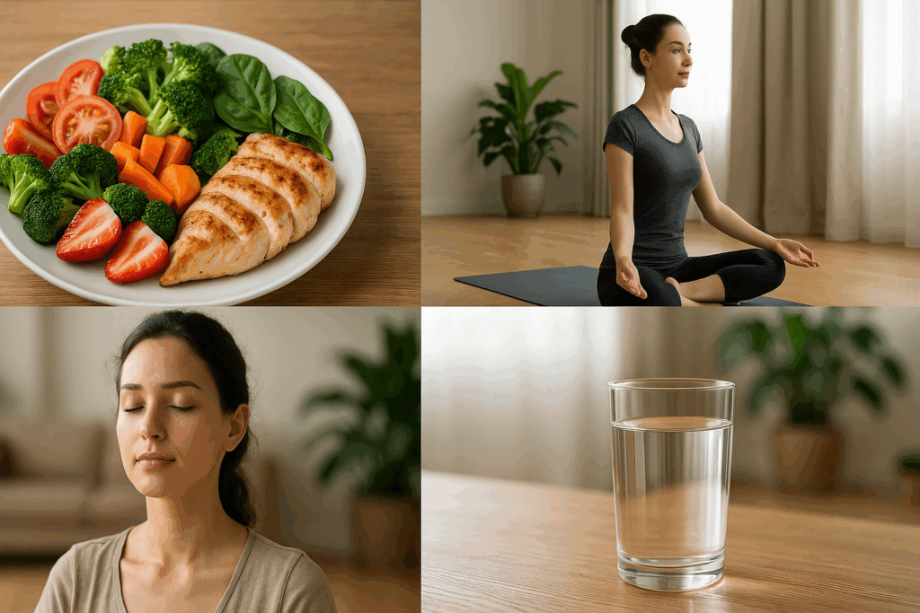 Healthy lifestyle choices for a skin care routine for hormonal acne, featuring clean eating with fresh vegetables and lean proteins, yoga, meditation, and hydration for clear skin and balanced well-being.