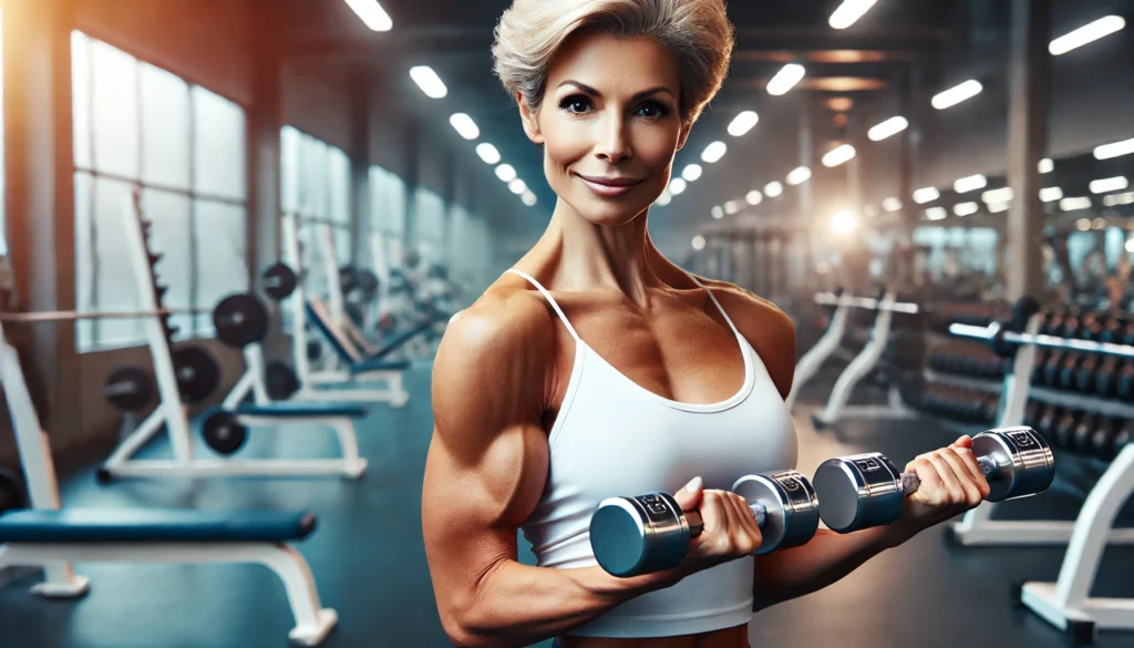 Confident middle-aged woman lifting dumbbells in a gym, showcasing toned arms after arm fat reduction