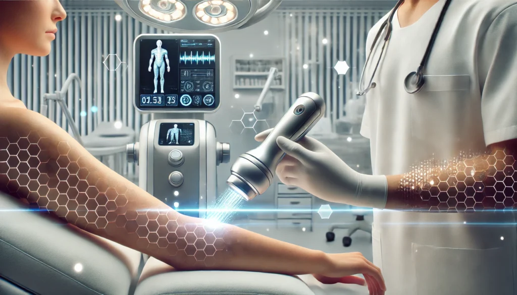 Clinician using advanced handheld device on patient’s upper arm during non-surgical arm fat reduction treatment in a high-tech clinic