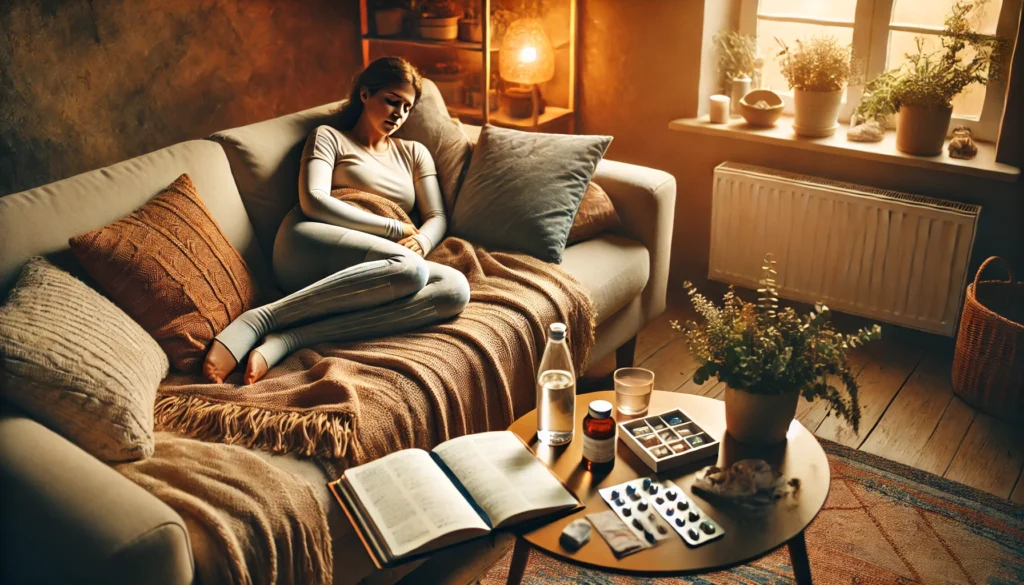 Post-surgery woman resting on a couch wearing compression sleeves, surrounded by self-care items, symbolizing arm fat reduction recovery