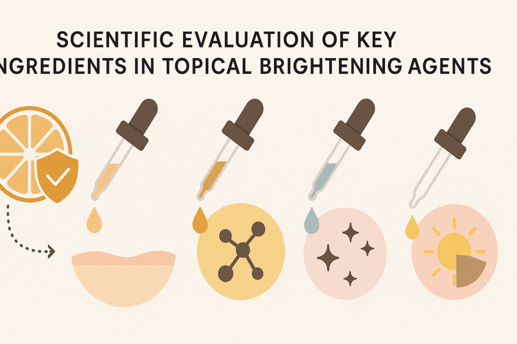 Infographic-style diagram comparing popular ingredients in the best dark spot corrector, including vitamin C, alpha arbutin, kojic acid, tranexamic acid, and niacinamide, using visual metaphors like shields and droppers