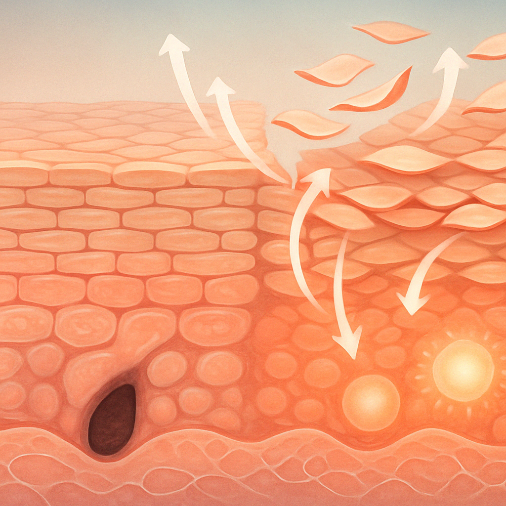 Conceptual cross-section of skin showing how the strongest OTC retinol stimulates cell turnover, collagen production, and pore unclogging.