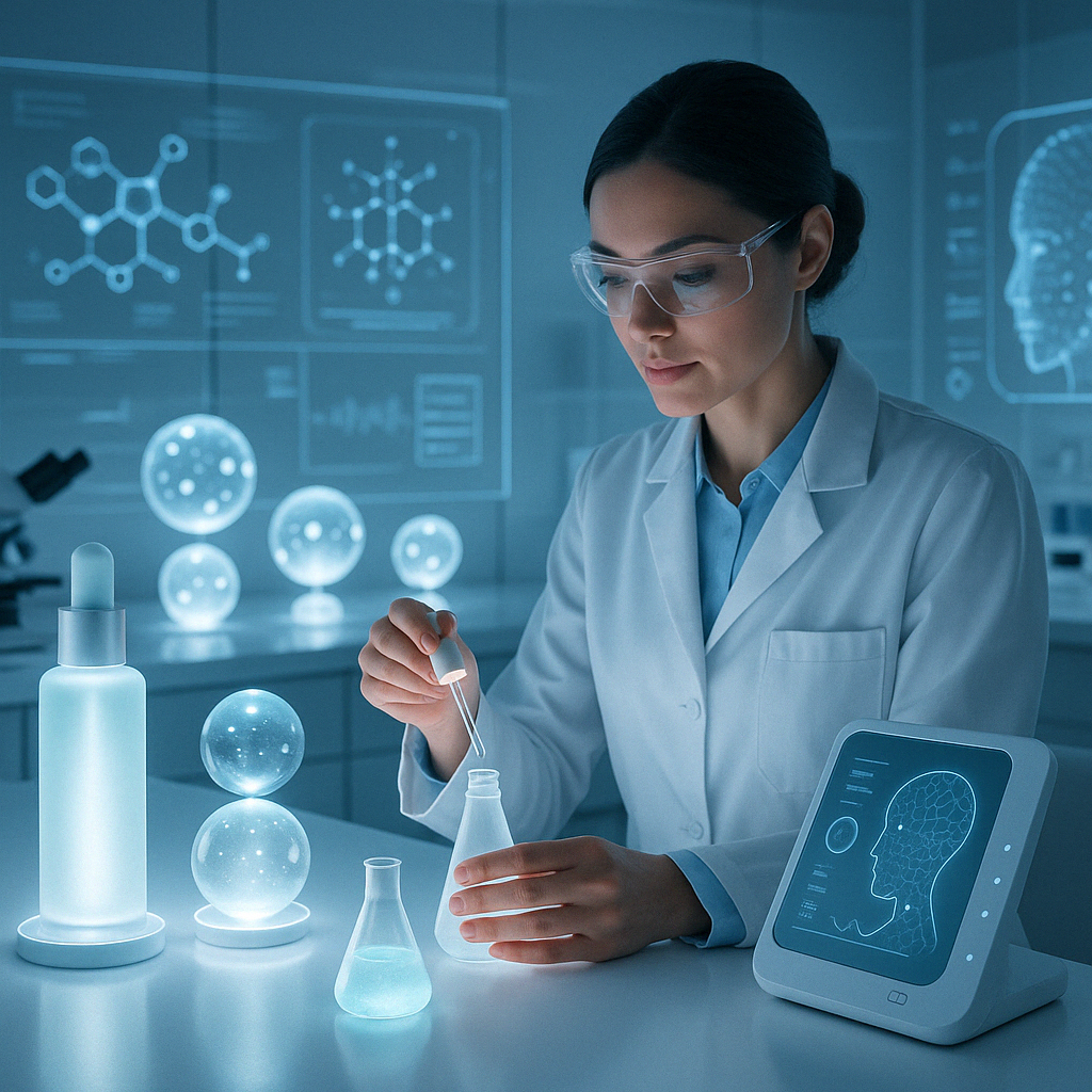 Cosmetic scientist in a futuristic lab developing personalized skincare formulas using AI technology and the strongest OTC retinol innovations.