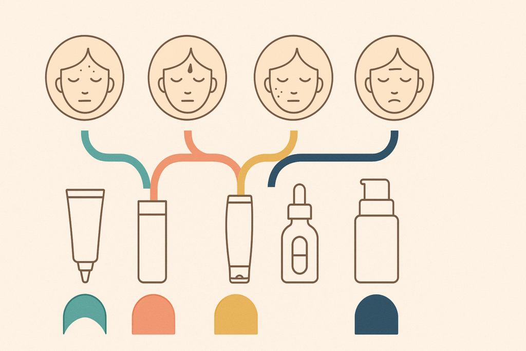 Minimalist infographic showing ideal product types—like gels, creams, and serums—for different skin types when choosing the strongest OTC retinol.