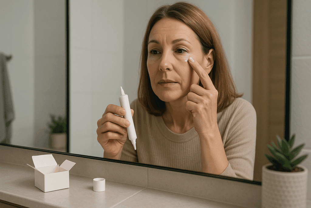 Middle-aged woman applying the best over the counter wrinkle filler in front of a mirror as part of her daily skincare routine in a modern bathroom.