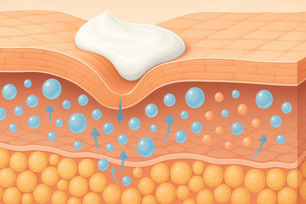 Cross-section illustration showing how the best over the counter wrinkle filler penetrates skin layers to hydrate and reduce fine lines.