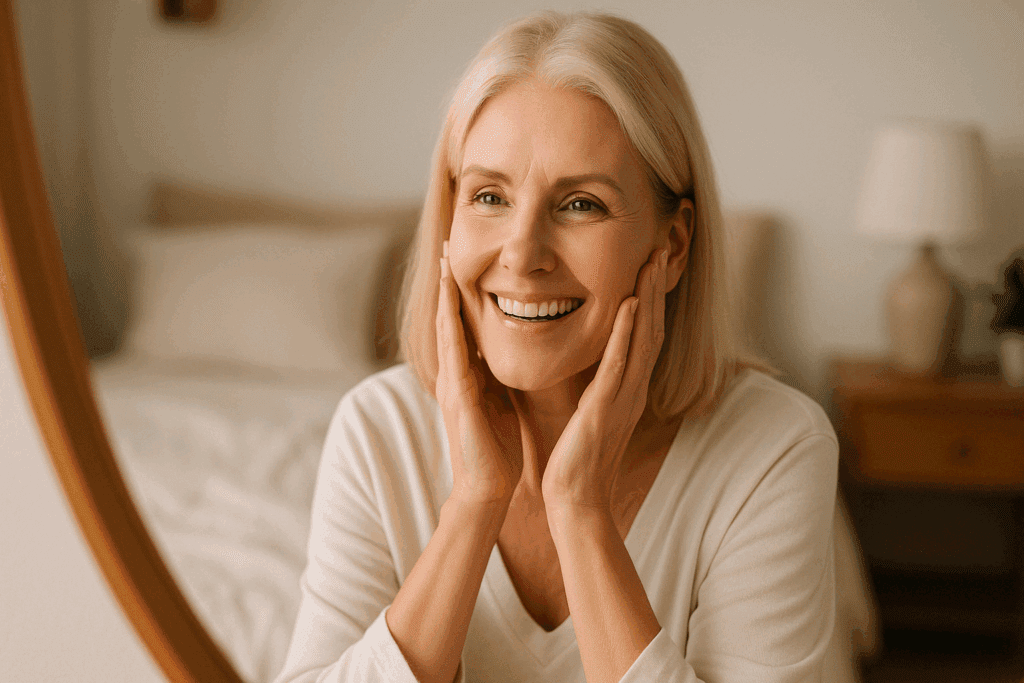 Joyful middle-aged woman with smooth skin smiling in the mirror at home, representing results from the best over the counter wrinkle filler.