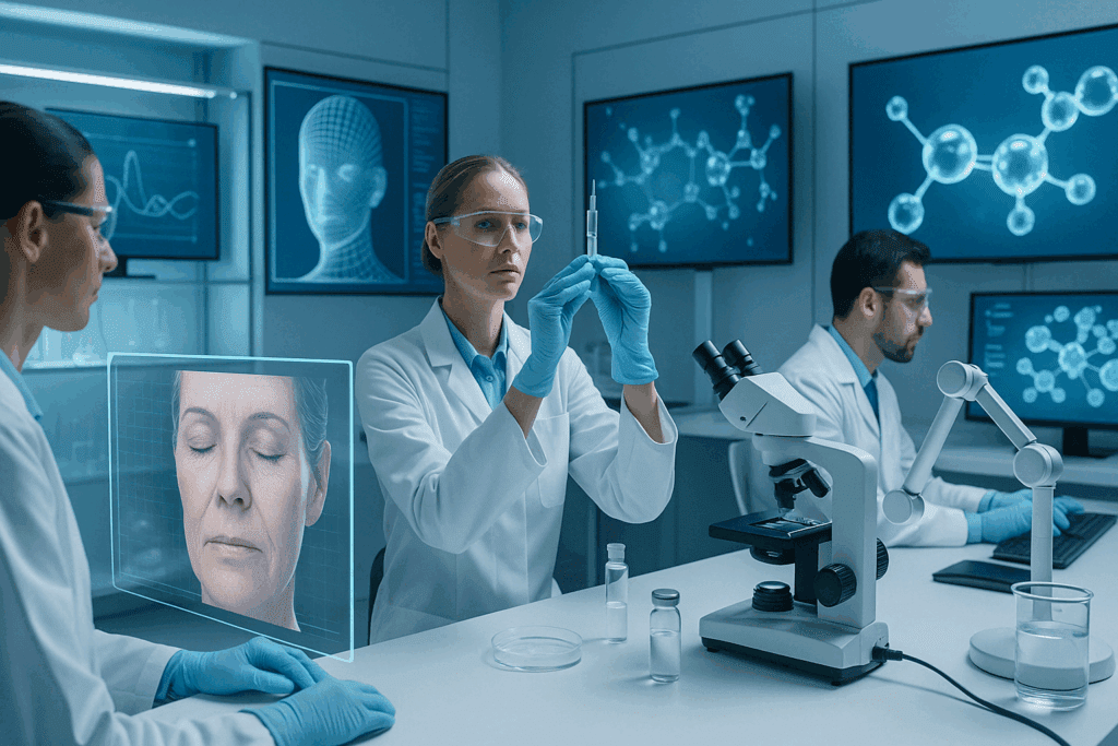 Scientists in a high-tech skincare lab analyzing advanced formulations for the best over the counter wrinkle filler using digital skin scans and molecular modeling