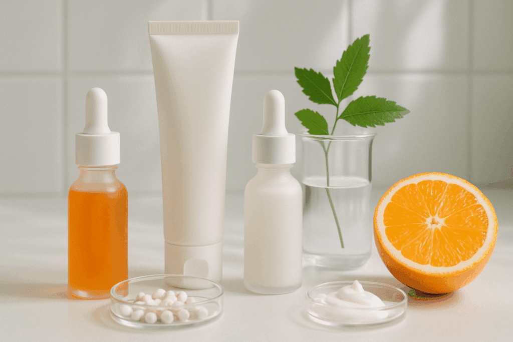Dermatologist-approved products including retinol serum, peptides, vitamin C, and hyaluronic acid on a minimal vanity, representing the best skincare for forehead wrinkles